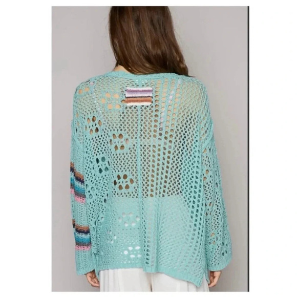 POL Aqua Crochet Knit Sweater | Boho Oversized Vintage Pullover Top - Picture 3 of 5
